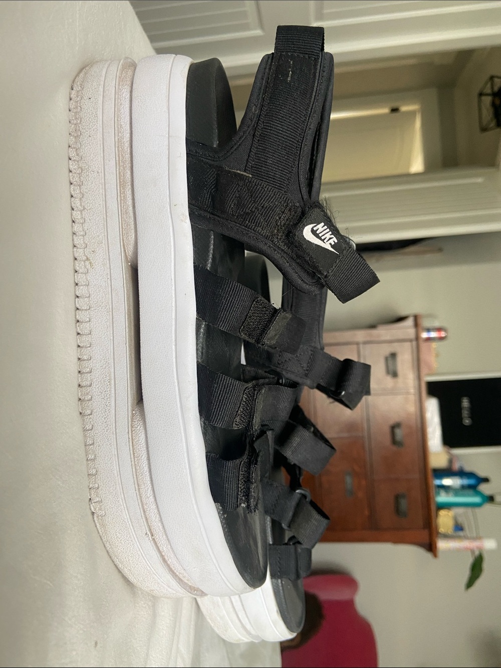 Nike Black Strap Platform Sandals with White Sole
